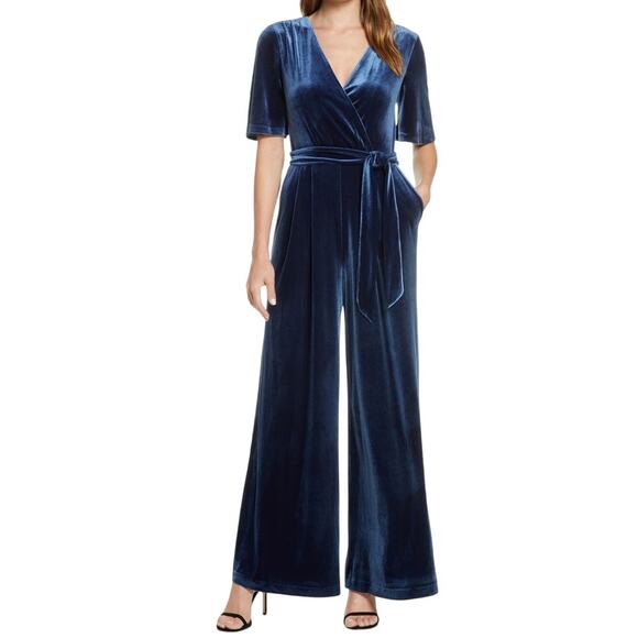 Eliza J Pants - Eliza J wide leg faux wrap velvet Jumpsuit blue size 2